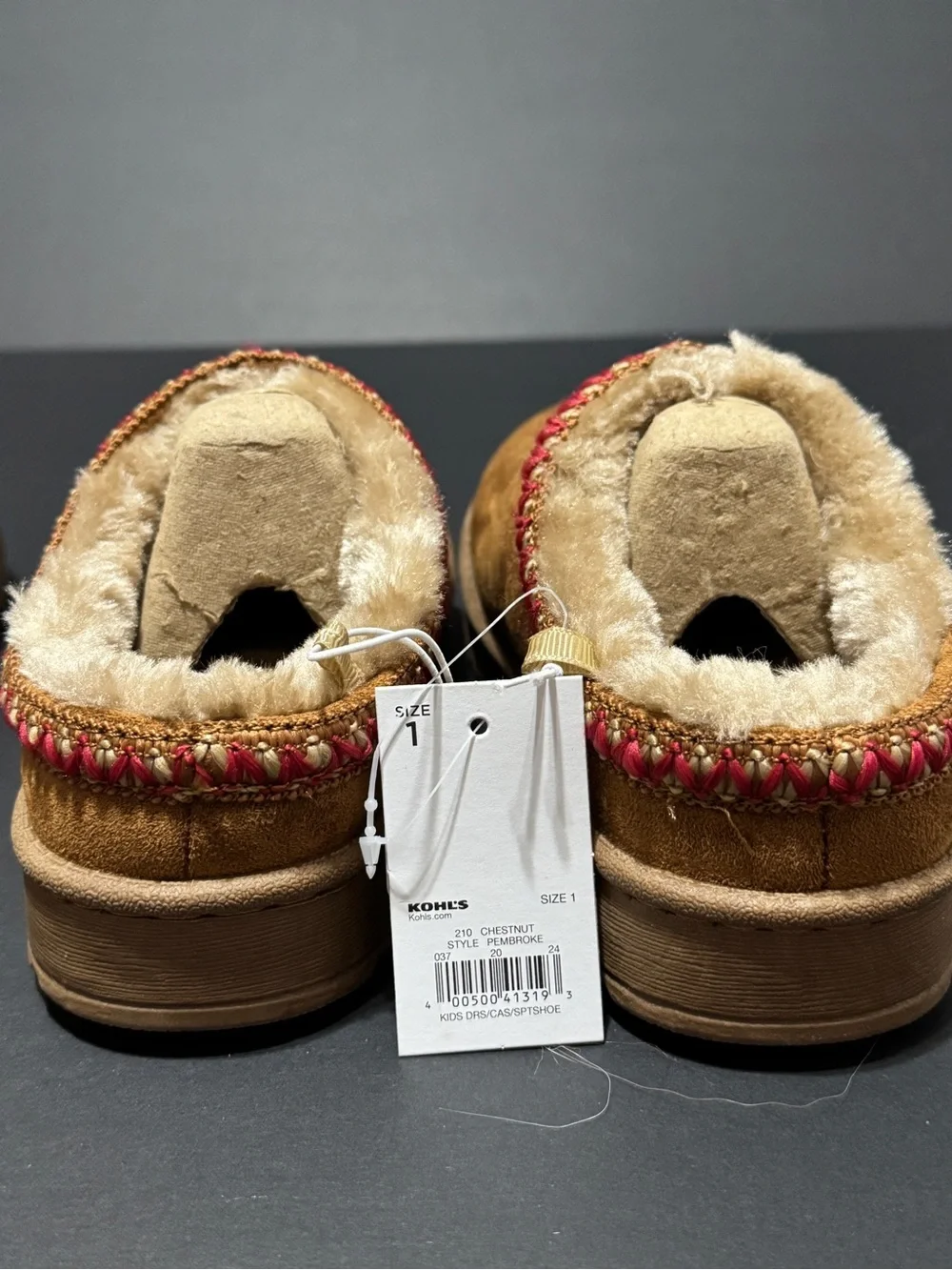 Kohl's Kids Faux-Suede Pembroke Slip-On Slippers in Chestnut with Red Trim